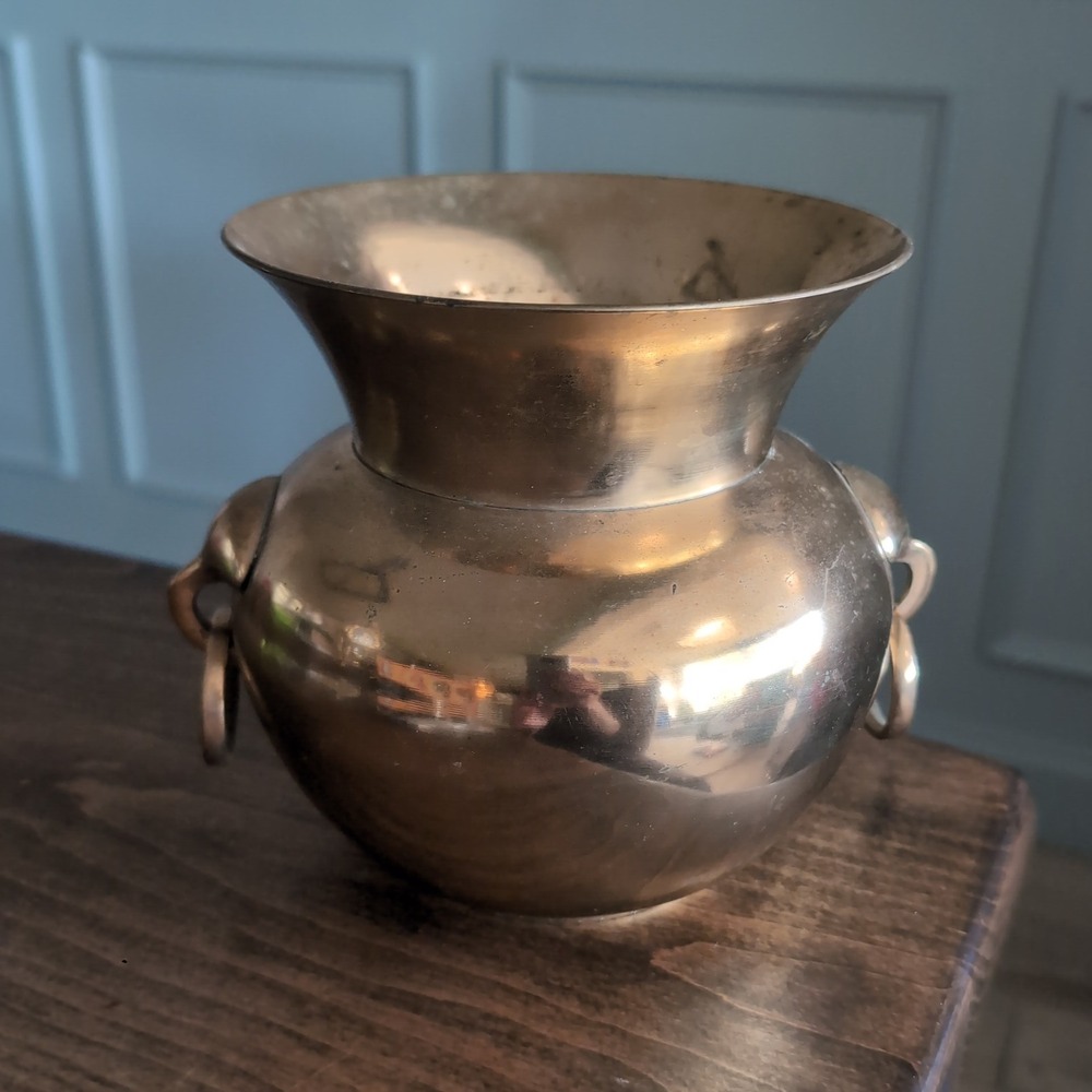 Vintage Brass Spittoon Cuspidor Vase Planter Ring Handles Patina Western Decor